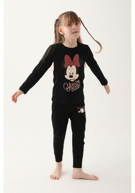 Resim Minnie Mouse Siyah Kız Çocuk Uzun Kol Pijama Takım Siyah 
