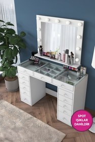 Resim Rani Mobilya Rani Bj118 Hollywood Işıklı Aynalı Kulis Makyaj Masası Cam Tablalı Takı Düzenleyici Beyaz 