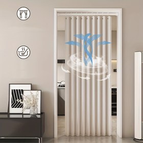 Resim Manyetik Matkap Gerektirmeyen Katlanır Kapı Perdesi - Gri, Çift Taraflı Poliester Mahremiyet Bölücü ile Metal Kancalar, Ev için Kolay Kurulum, Rüzgar Geçirmez ve Yalıtımlı Her Mevsim İçin, Bohem Tarzı, Makinede Yıkanabilir, Katlanabilir Mutfak Perdesi, Kolay Temizlenebilir Malzeme, Pürüzsüz Dokulu Kumaş 