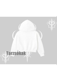 Resim Midnight Petals Kedi Baskılı Kapşonlu Crop Sweatshirt Beyaz 