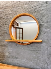 Resim 70x70 Cm Raflı Masif Kayın Ağacı Yuvarlak Ayna İskandinav Tarzı Antre Ve Banyo Aynası Beyaz 