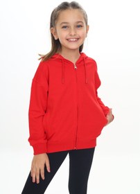 Resim Toontoy Kırmızı Kız Çocuk Kapüşonlu Fermuarlı Cepli Düşük Omuz Örme Hırka - 2 İplik 