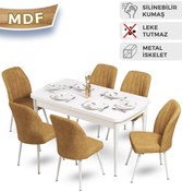 Resim Canisa Mun Serisi, 80x132 Açılabilir Mdf Beyaz Mutfak Masası Takımı, 6 Hardal Sandalye 