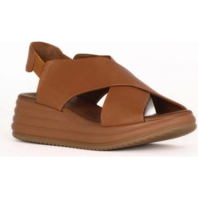 Resim Bueno Shoes Taba Koyu Deri Kadın Dolgu Topuklu Sandalet 