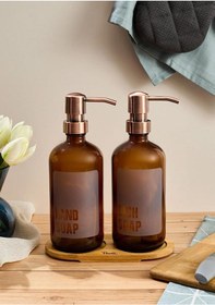 Resim Lozione 2 Li Mutfak Sıvı Sabunluk Seti - Bambu Stantlı Sıvı Sabunluk Takımı - 2x500 Ml, Amber Amber 