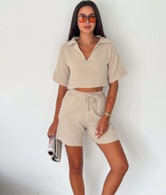 Resim Hgfashion Crop Gömlek Şort Takım Bej Renk Bej 