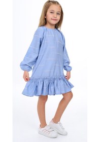 Resim Toontoy Kız Çocuk Reglan Kol Fırfır Büzgülü Elbise Mavi 
