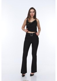 Resim Bluence Beli Kemerli Ispanyol Paça Siyah Kumaş Pantolon Siyah 