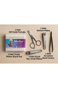 Resim Metler 5'li Kişisel Bakım Seti - Kulak Pamuğu, Tırnak Makası, Cımbız ve Katlanır Makas 