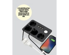 Resim Pileli Store 3 USB Çıkışlı 4’lü Akıllı Priz 2500W 2 Metre Kablo 