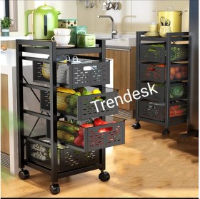 Resim Trendesk 3 Katlı Metal Siyah Çok Amaçlı Patates Soğan Sebze Meyve Sepeti Sebzelik Tekerlekli 
