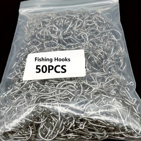 Resim 50 adet/çanta Karbon Çelik Balık Çengeli 3#-15#, Sivri Tek Çengel ile Barb, Spor ve Açık Hava Kullanımı için Güçlü Balık Aksesuarları 