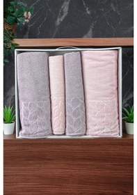 Resim Hazal %100 Pamuklu Kutulu 4'lü Banyo Havlu Seti Hamam Takımı 50x90 - 90x150 Gri-pudra - 00081 Gri 