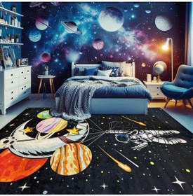 Resim Çocuk Odası Halısı Astronot Uzay Desenli Siyah Dijital Baskı Kaymaz Makinede Yıkanabilir Oyun Halı Siyah 