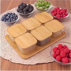 Resim AyrStore 6'lı Bambu Kapaklı Cam Kahvaltılık ve Kuruyemişlik, 13 Parça Tepsili Çerezlik Seti, Vakumlu 