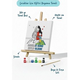 Resim Anneler Günü Kutlu Olsun Boyama Tuvali Şövaleli Boya Ve Fırça Seti 20x20 Cm 