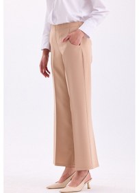 Resim Arkadan Lastikli Yüksek Bel Geniş Paça Palazzo Kadın Rahat Kumaş Pantolon 2345 Bej 