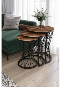 Resim Lazanya Hasır Telli Model Statik Zigon Sehpa Koyu Ahşap Tabla Yan Sehpa Kahverengi 