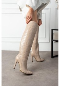 Resim Shoetek Sara Kadın Çizme İnce Topuklu Kroko Desenli Bej Deri Bej Ciltt 