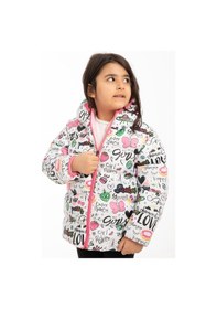 Resim Kız Çocuk Polarlı Kapüşonlu Girls Yazılı Kelebek Desenli Kışlık Şişme Mont & Kaban & Parka-33 Beyaz - Pembe 