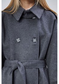 Resim Kuşaklı Oversize Kaşe Kaban Koyu Gri 