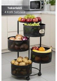 Resim 4 Katlı Tekerlekli Tepsili Metal Sebzelik Açılır Patates Soğan Meyvelik Sepeti Raf Siyah Siyah 