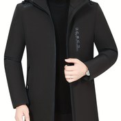 Resim Erkekler için Orta Boy Kapüşonlu Kışlık Ceket - Rahat Siyah Polyester Mont Çift İç Cepli, Kaburga Manşetli ve Fermuarlı Sıcaklık ve Stil için, Günlük Soğuk Giyim | Şık Kışlık Giysi | Kaburga Manşet Tasarımı 