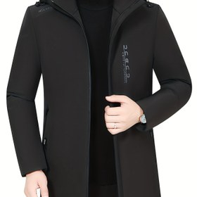 Resim Erkekler için Orta Boy Kapüşonlu Kışlık Ceket - Rahat Siyah Polyester Mont Çift İç Cepli, Kaburga Manşetli ve Fermuarlı Sıcaklık ve Stil için, Günlük Soğuk Giyim | Şık Kışlık Giysi | Kaburga Manşet Tasarımı 