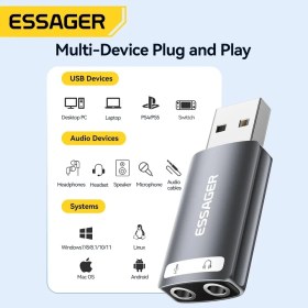 Resim Essager Usb To 3.5mm Harici Ses Kartı Dönüştürücü Çevirici Çok Fonksiyonlu Mikrofon kulaklık Hoparlör Ses Ara birimi 