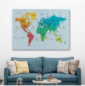 Resim Es10 Türkçe Detaylı Dünya Haritası Dekoratif Renkli Zeminli Kanvas Tablo 1709 (95 x 165) 
