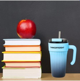 Resim Bondy Think Different Kulplu Kapaklı Büyük Boy Mug 860 Ml - Pipetli Paslanmaz Çelik Termos Bardak Mavi 