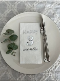 Resim Gümüş Yaldızlı Beyaz Happy 3 Yaş Months Garson Katlama Peçete 16 Adet 