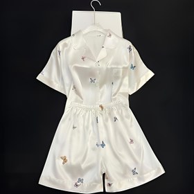 Resim Kadınlar için tatlı çiçekli kelebek desenli kısa kollu düğmeli pijama şortları 
