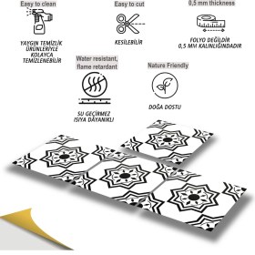 Resim Tink Kendinden Yapışkanlı Fayans Siyah Selçuklu Yıldızı Desenli Pvc Karo 30X30 cm (33 Adet) 3 M² 