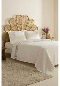 Resim Karaca Home Liana Çiçek Nakışlı %100 Pamuk Çift Kişilik Pike Takımı Beyaz Beyaz 