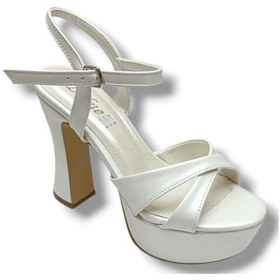 Resim Defne 787-26 Sedef Beyazı Çapraz Aynalı 30mm Platform Topuk Kadın Sandalet 12cm Krem 