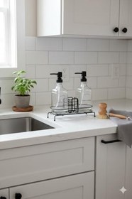 Resim Metal Standlı Ikili Cam Sabunluk Seti - 500 ml Sıvı Sabunluk Ve Süngerlik (Siyah) 