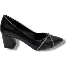 Resim C-shoes Km59-26 Cilt Deri Çapraz Taşlı Kalın Topuk Kadın Ayakkabı Siyah 