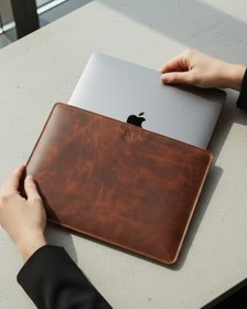 Resim Hakiki Deri Macbook Kılıfı - 13 Inç - Kahverengi -Laptop Kılıfı (33,5x23,5 CM) 