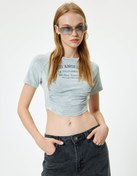 Resim Crop Tişört Büzgü Detaylı Kolej Baskılı Yıkamalı Kısa Kollu Slim Fit 