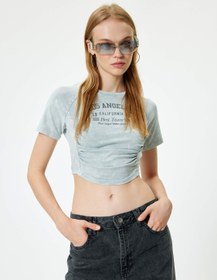 Resim Crop Tişört Büzgü Detaylı Kolej Baskılı Yıkamalı Kısa Kollu Slim Fit 