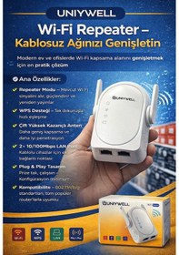 Resim Uniywell Wi-fi Repeater 300 Mbps Kablosuz Ağ Genişletici - Çift Antenli, Wps Destekli Sinyal Güçlendirici Menzil Arttırıcı 