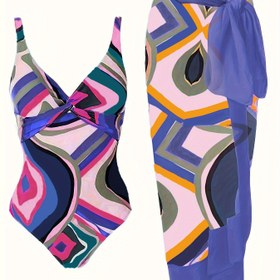 Resim Kadınların Boho Chic iki parçalı mayo, V-yaka ve çıkarılabilir yastık ile - Yüksek esneklik, geometrik desen, askısız, çarşaf takımları için plaj giyim, büyük beden 