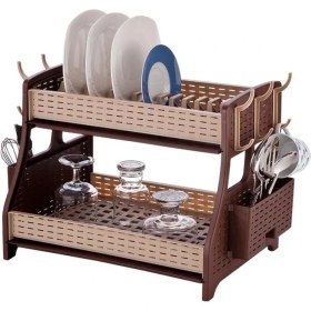 Resim Omnipazar SY-5520 Plastik Hasır Çift Katlı Bulaşık Kurutmalık Tabaklık Kahverengi 