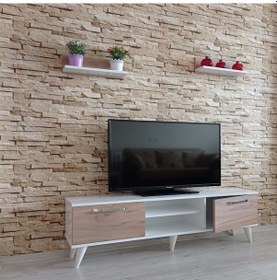 Resim Mobilya Sepeti (Ms10) Tv Ünitesi Dolabı,Raflı,Beyaz-Ceviz 