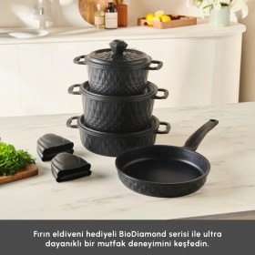 Resim Karaca BioDiamond Döküm 7 Parça Fırın Eldiveni Hediyeli Tencere Seti 