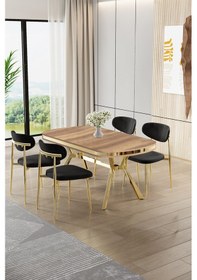 Resim Canisa Olya Serisi 90x168 Mdf Sabit Lak Panel Hazar Masa Takımı Gold Ayaklı 4 Siyah Sandalye Hazar Masa Siyah Sandalye 