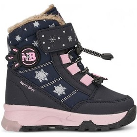 Resim Nstil Kız Çocuk Kürklü Kar Botu - Cırtlı, Lastik Bağcıklı, Kalın Tırtıklı Taban - Lacivert/Pudra 