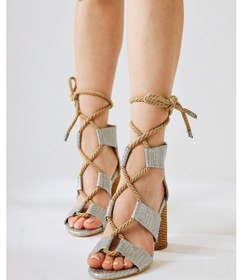 Resim Britty Gümüş Kroko Rugan Kalın Bantlı Halat Bağlamalı Topuklu Sandalet 001 