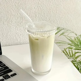 Resim Dezi Cam Kapaklı Pipetli Borosilikat Sunum Bardağı, Isıya Dayanıklı Bardak, Kahve Bardağı 400 ml Latte 